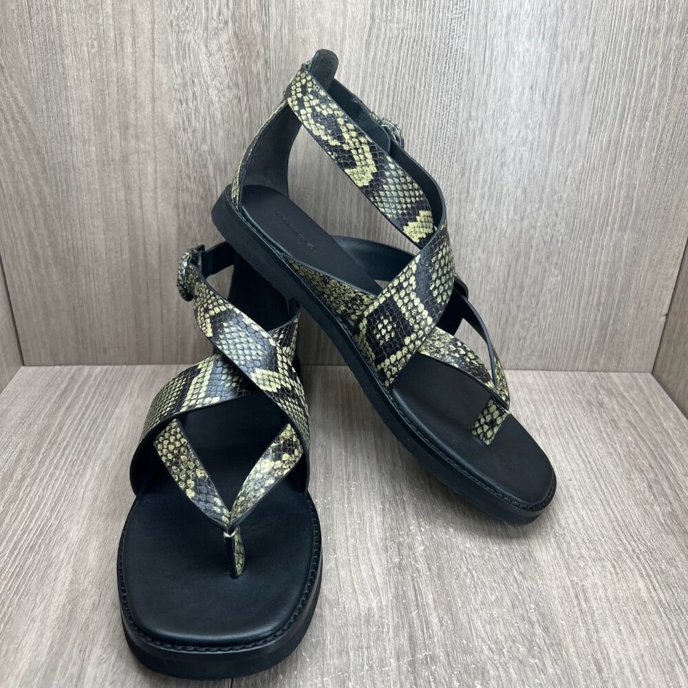 Vince Morris Strappy Flat Sandals 10M Snake Skin Ankle Strap Leather Green Black